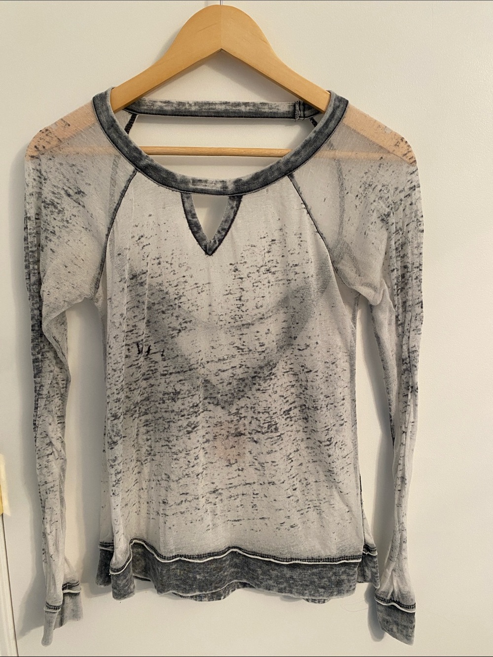 Sheer Light Gray/Blue Long-Sleeve Scoop Neck Top with Open Back Size S